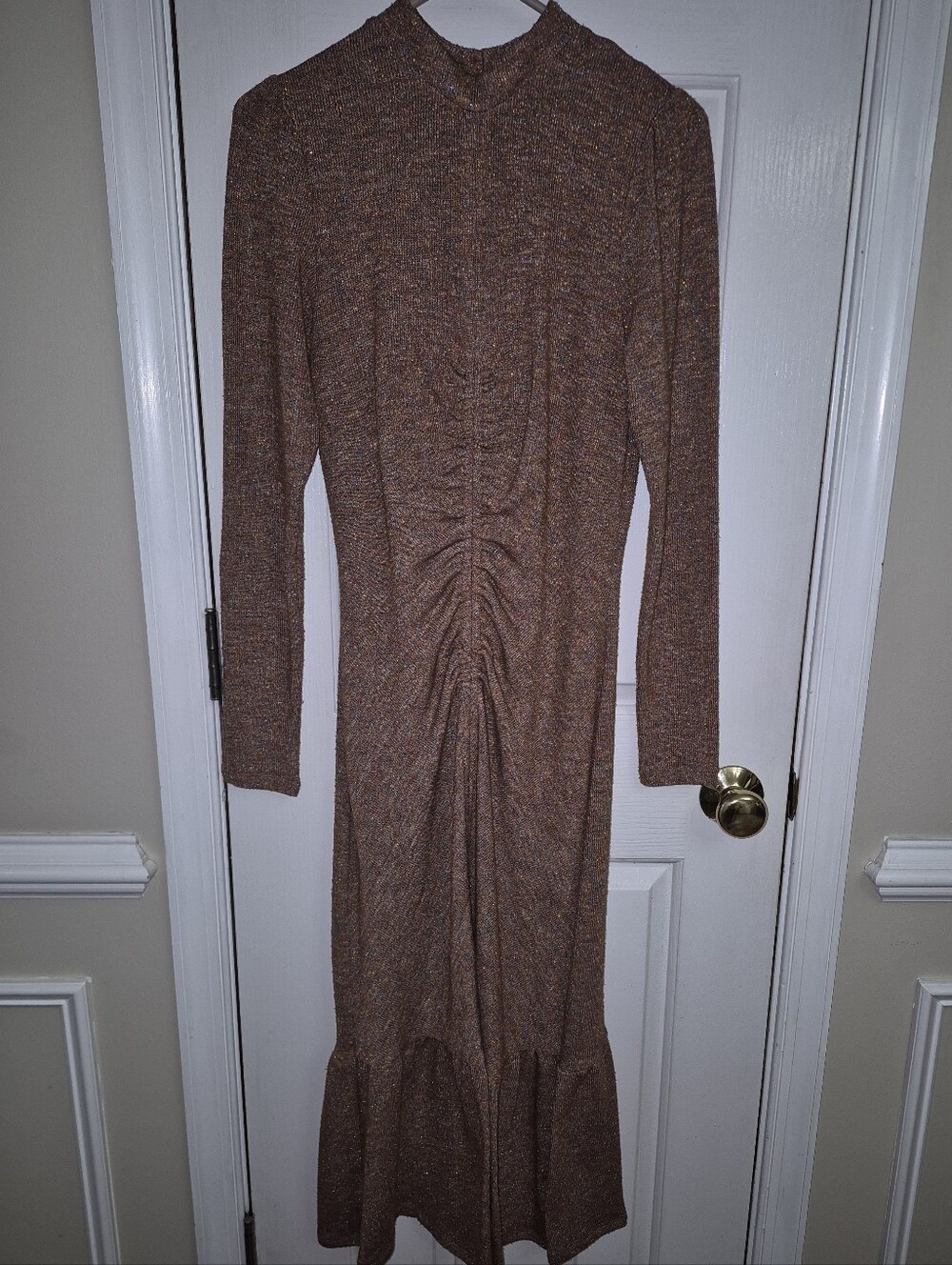 Collective Concepts Metallic Knit Ruched Front Midi Dress – Bronze Gold – Size